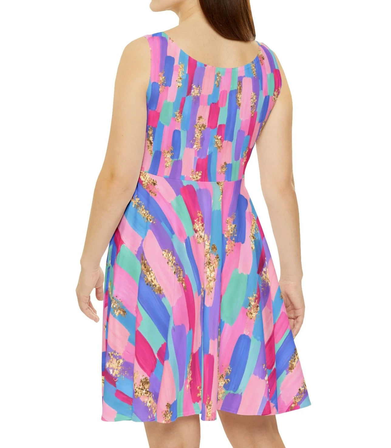 Colorful Brushstroke Skater Dress — Pink Blue Abstract Pattern