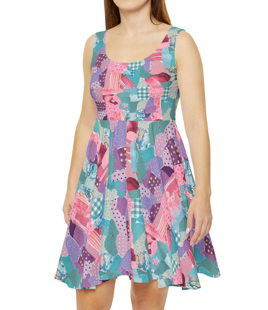 Colorful Scraps Skater Dress — Pink Blue Abstract Pattern