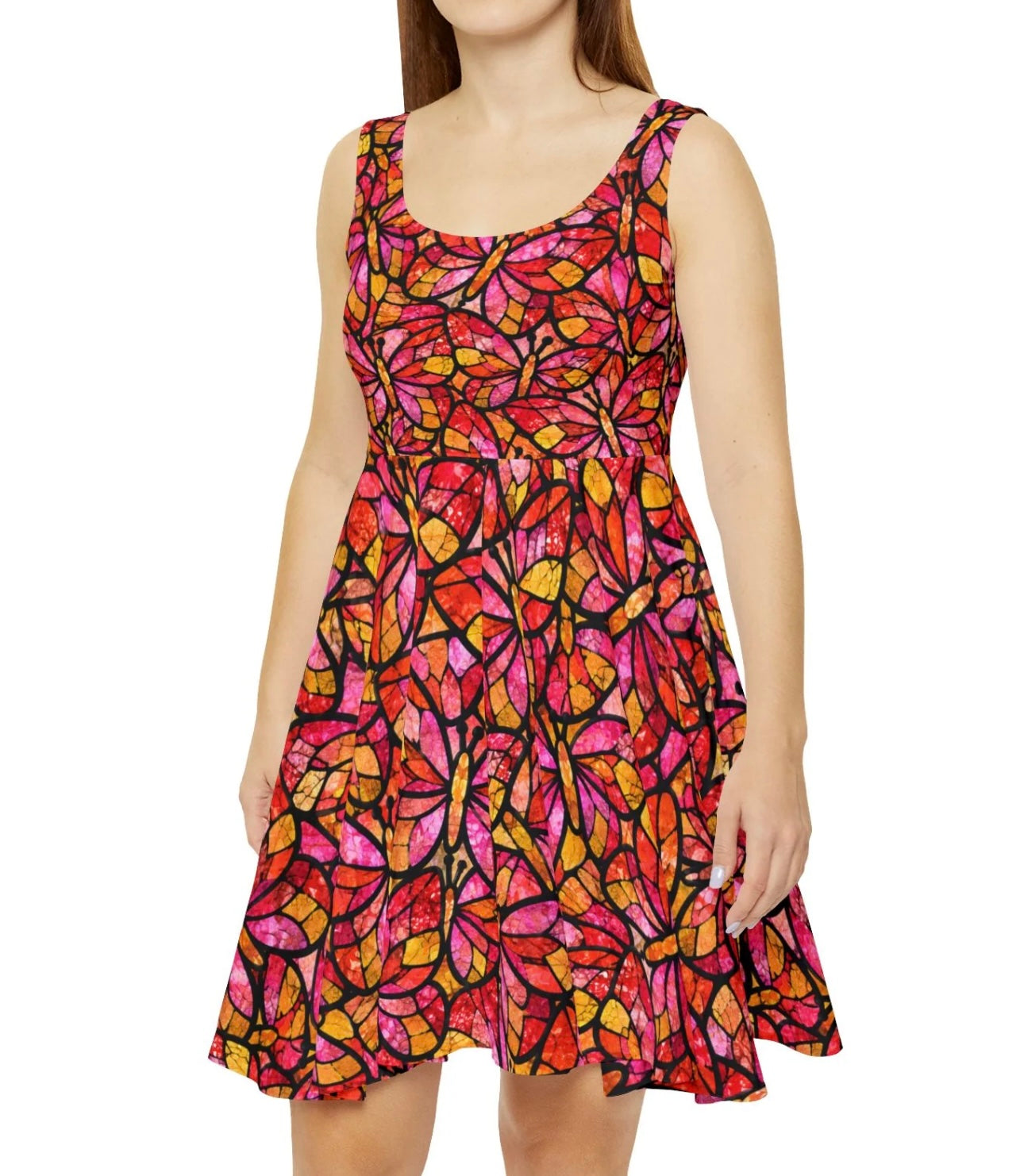 Glass Butterfly Skater Dress — Pink Blue Abstract Pattern