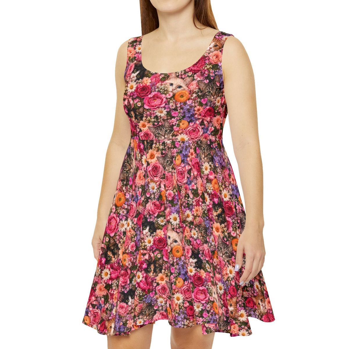 Vibrant Cat Floral Dress — Summer Garden