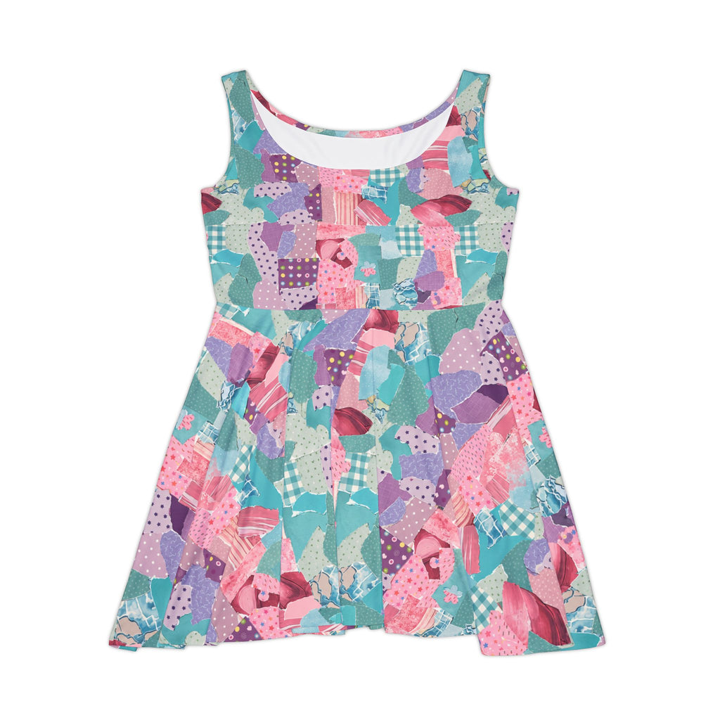 Colorful Scraps Skater Dress — Pink Blue Abstract Pattern