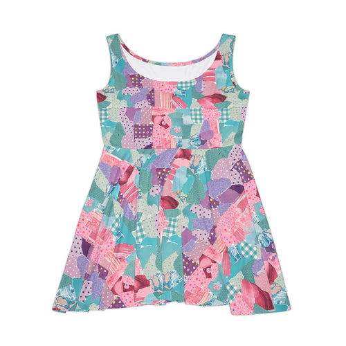 Colorful Scraps Skater Dress — Pink Blue Abstract Pattern